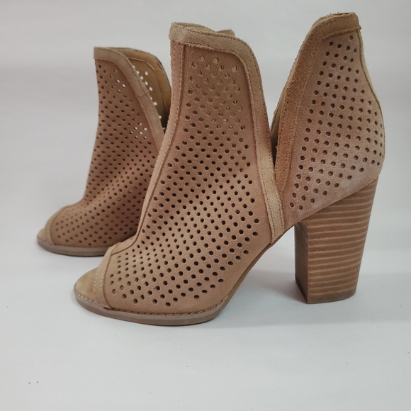 Lucky Brand Larisa Booties Women's 8W Tan Neutral Peep-Toe Leather Block Heel - Picture 6 of 14